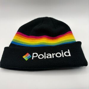 Polaroid Rainbow Stripe Beanie Hat Logo One Size 2019 Black Retro Camera